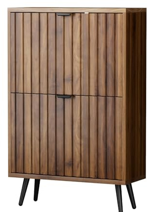 Smart FENDEE Fluted Shoe Storage for Entryway, Walnut Hidden Cabinet with Metal Legs, Organizer with Flip Doors, Slim Entryway Storage