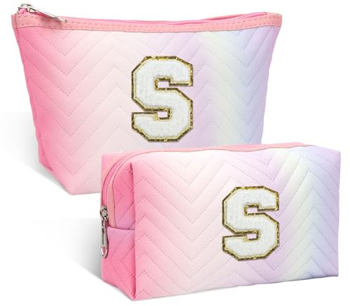 2-teiliges Set Personalisierte Kosmetiktaschen mit Initialen, Reisekosmetiktasche, Geburtstagsgeschenke für Frauen Mädchen (S)