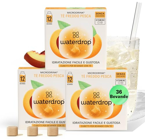 waterdrop® Thé Glacé Pêche, 36 cubes d'Ice Tea Sans Sucre, Saveur Thé Noir + Pêche, Pastilles d'eau aromatisées pour boissons, Extraits naturels de fruits et de plantes, Enrichi en vitamines