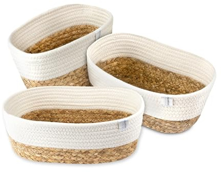 NORDIS DESIGN Lot de 3 paniers de rangement en jacinthe d'eau et coton, paniers de rangement tressés pour salle de bain et organisation de salle de bain, blanc crème/naturel