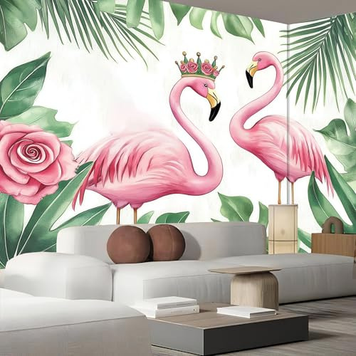 Papier Peints Geant Feuille Monstera Plante Panoramique, 300×210cm Personnalisé 3D ThèMe Animaux Flamant Rose Wallpaper Pour Salon Chambre D'enfant DéCoration Murale