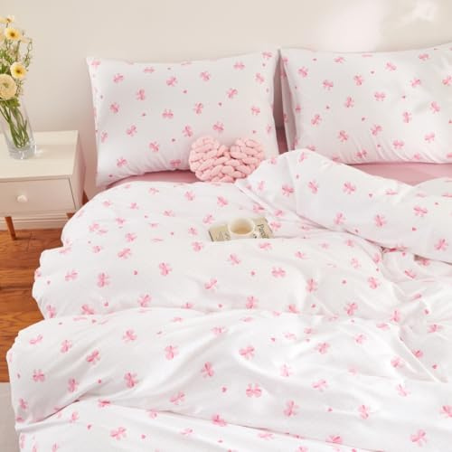 Covebett Bettwäsche 135x200 Weiß mit Rosa Schleifen Herzen Mädchen Kinder | Bettbezug Set 2teilig Microfaser, Schleifenmuster, Herzchen, Aesthetic, Deckenbezug und 1 Kissenbezug 80x80, Reißverschluss