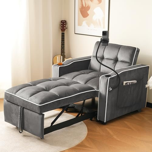 Sofá cama, sofá cama, cama de 1 plazas, convertible, cama de sofá, marco de cama individual, con portavasos y soporte para teléfono, sofá reclinable, silla de dormir, sillón, 83 x 167 x 76 cm
