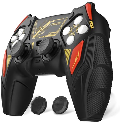 PlayVital Mecha Rhino Silikonhülle für PS5 Controller, Anti-Rutsch Case | Schutzhülle mit Thumbstick Kappen & Aufkleber, Ladestation kompatibel, Griffe Skin Zubehör, Ergonomische Griffe, Schwarz&Rot
