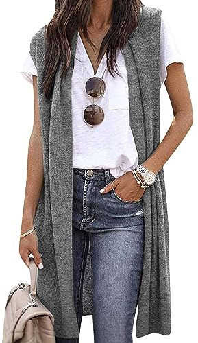 OMZIN Damen Offene Vorderseite Solide Farbe Lange Leichte Weiche Ärmellose Lose Strickjacke Mantel Hellgrau XXL