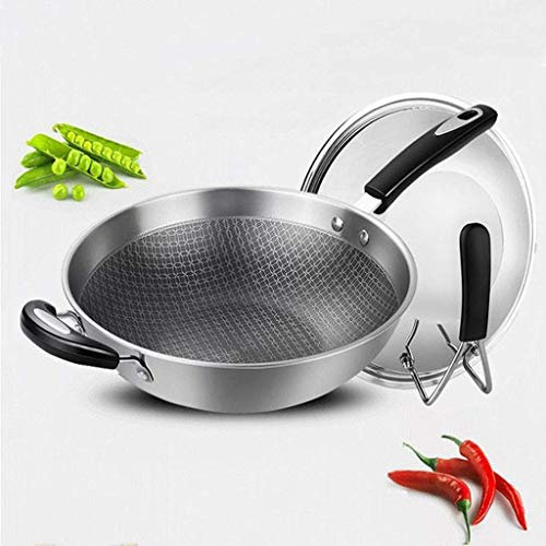 QTYQWC Wok -Topf Edelstahl Wok 304 Bratpfanne Non -Stick -Topf ohne Beschichtung Elektromagnetischer Ofen Wok mit 32 cm Abdeckungspfanne