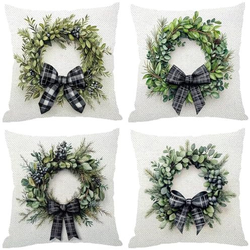 Fodere Cuscini da Esterno Impermeabili, Ghirlanda Federe Cuscini Divano 70x70 Quadrate Set di 4, Doppia Faccia Stampa Lino Cushion Covers Verde Cerniera Invisibile per Room Decor, Regalo Donna Z-843