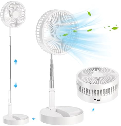 Foldable Floor Fan,Rechargeable Battery Powered,USB Floor Fan,Portable,Height Adjustable,Mini Electric Fan,4 Wind Speed Settings,Suitable for Bedroom,Office,Camping (White)