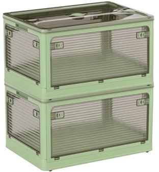 Roqao 2 Stück Aufbewahrungsboxen mit Deckel, 100L (48 x 36 x 55.5 cm) Faltbare Stapelboxen mit Rollen, Zusammenklappbare 5-Türen Plastik Eurobox für Wohnzimmer Küche Lebensmittel, Grün