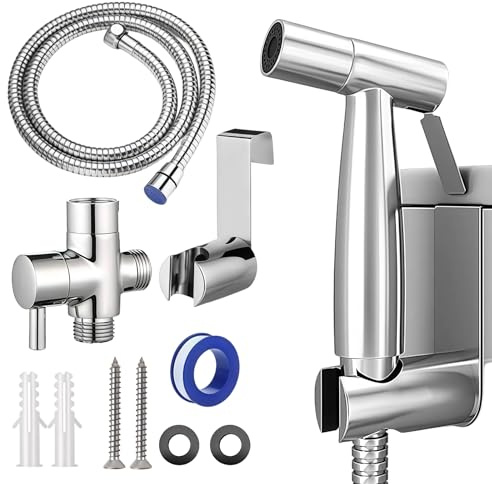 Handheld Bidet Sprayer Kit, Stainless Steel Toilet Bidet Shower with T-Valve Adapter & Hose, Easy Install Shattaf for Personal Feminine Hygiene, Baby Diaper, Pet Bath and Toilet Cleaning (Silver)
