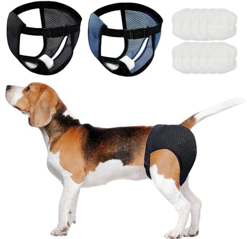 2er Pack Hundewindeln Mit 10 Damenbinden,Verstellbare Und Wiederverwendbare Läufigkeitshose Für Hündinnen Hundewindeln,Waschbare Schutzhose Für Weibchen Hunde Läufigkeit Schwarz Und Blau, XL