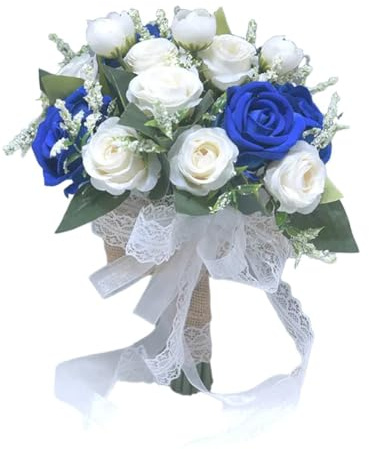 Gettimore Elegante bouquet di rose artificiali con nastro di pizzo per decorazione matrimonio, blu