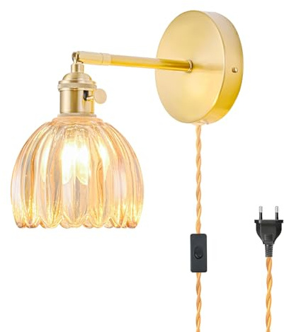 NETHCUEL Steck Wandlampe mit Stecker, Vintage Wandleuchte Innen mit Tulpenbernsteinglas Schale, 180° Verstellbar, mit Schalter und Kabel, Gold für Schlafzimmer Nebenbett, Leuchtmittel Nicht Enthalten