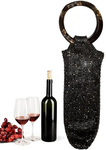 Vinpåse – nät strass flaskpåse, gnistrande firande bärare, elegant bröllopspresent | semesterfest picknick, resetransport förvaring, present, middag värdinna, möhippa, Svart, Refer to description