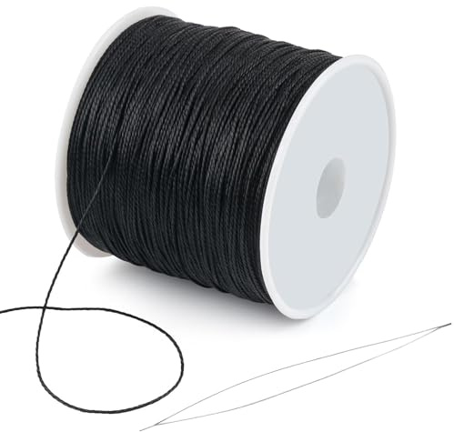 Gewachste Schnur, 0,5mm x 106m Schwarze Gewachste Kordel mit Perlennadel für Schmuckherstellung, Polyester Schnur für Armbänder, Halsketten, DIY Basteln