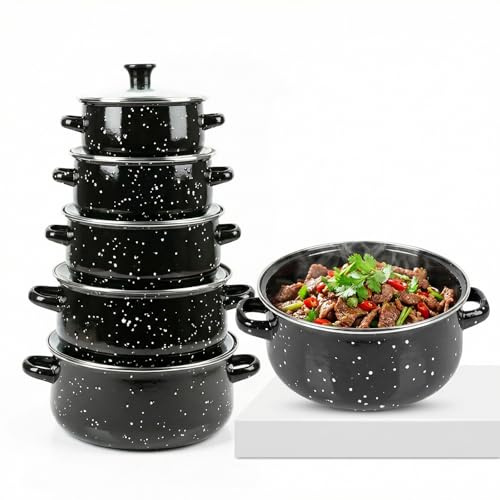 5-Piece Enamel Cookware Set,Stock Pot Set with Glass Lids,16/18/20/22/24cm | Non-Toxic Enamelware Pots,for Induction,Gas,Electric,Easy Clean,Stew & Sauce Pan Set for Family Kitchen,Black(1.1L-4L)