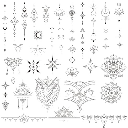 4 Blätter Temporäre Tattoos, Langanhaltend 2 Wochen Wasserfest Schwarz Tattoo Mandala Fake Klebetattoos zum Aufkleben Gesicht Hals Arm für Mädchen Frauen Mann