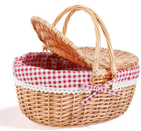 Wicker Picnic Basket Cesto Picnic in Vimini Fatto a Mano, Grande Cesto Portaoggetti con Doppio Coperchio Ribaltabile & Manico Pieghevole per Picnic all’Aperto, Spiaggia,Deposito Hiking, BBQ