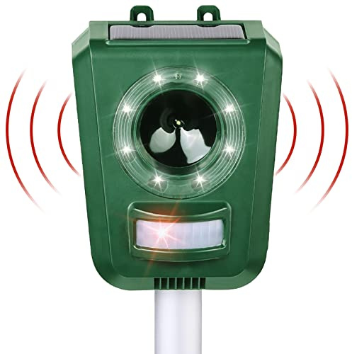 Cowiewie Ultraschall-Vertreiber mit Bewegungsmelder & Blitz - Marderschreck, Katzenschreck, Tierschreck, Waschbären inkl. Netzteil und Erdstab geeignet für Gärten, Bauernhöfe, Parkplätze usw