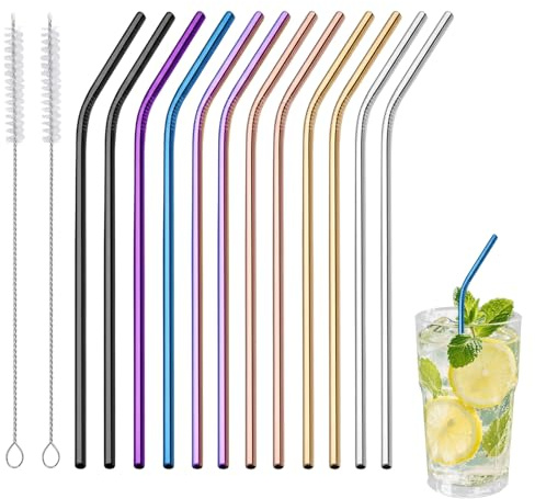 Metal Straws, Reusable Stainless Steel Drinking Straws, 12-Piece Set with Two Cleaning Brushes, Suitable for Home, Office, and Outdoor Use, Durable Metal Straws for Various Beverages