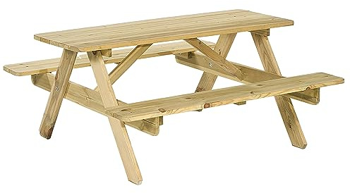 BrackenStyle 6 Seat Jersey Wooden Picnic Table, 140cm | Dip Treated, Bench with Parasol Hole, Gardens Parks Schools & Pubs, Rounded Edges