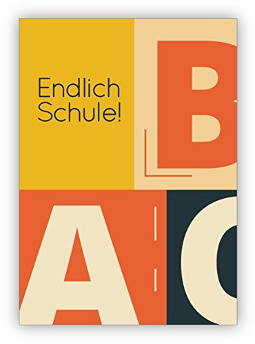 Kartenkaufrausch Im 5er Set: Schicke Designer Retro Glückwunschkarte zur Einschulung für Erstklässler mit Vintage ABC: Endlich Schule!