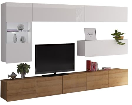 Mirjan24 Moderne Wohnwand Calabrini IV, Anbauwand, Mediawand, TV Lowboard, Hängevitrine, Wandregal, Wohnzimmerschrank, Fernsehschrank (mit weißer LED Beleuchtung, Eiche Gold/Weiß + Weiß Hochglanz)