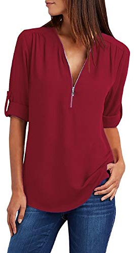 Tuopuda Magliette Donna Estive Camicette Manica Lunga Camicia Elegante Blusa Moda T-Shirt Scollo a V Top con Cerniera Tee Maglietta Casual Shirt Tinta Unita Pullover Taglie Forti, Rosso, XL