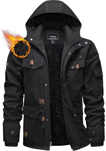 KEFITEVD Huvtröjor för män i varm fleece, jacka med 5 fickor, tjock cargojacka med huva, Svart, 3XL