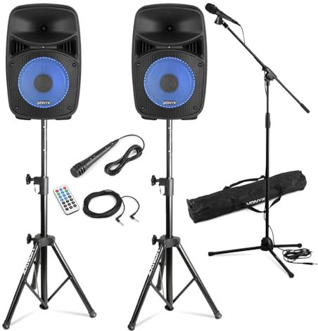 Vonyx VPS082 Bluetooth Active Party Speaker Set - 8 Inch 400W House Bluetooth Party Speakers with Lights, Tripod Stands, Microphone, Adjustable Mixer & Echo Control PA System Kit