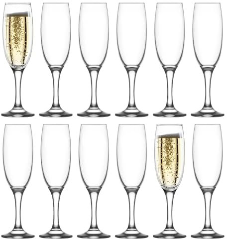 LAV 12x 220ml Empire Glass Champagne Flutes - Reusable Wedding Anniversary Birthday Hen Party Prosecco Wine Cocktail Drinking Glasses Set