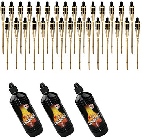 Moritz 30x Bambusfackeln Fackel 90 cm Standard Natur + 3X 1000ml Lampenöl Gartenfackel Ölfackeln Garten Deko Öllampe Wegleuchte