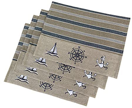Nautische Tischsets - 4er Set - Baumwolle dekorativ Bestickt - Natur, Marineblau und Weiß (Boot, Kompass, Anker)
