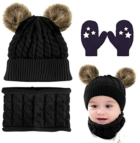 CheChury småbarn hatt och halsduk set baby varm stickad pom mössa mössa med cirkel slinga halsduk halsvärmare 1-3 år