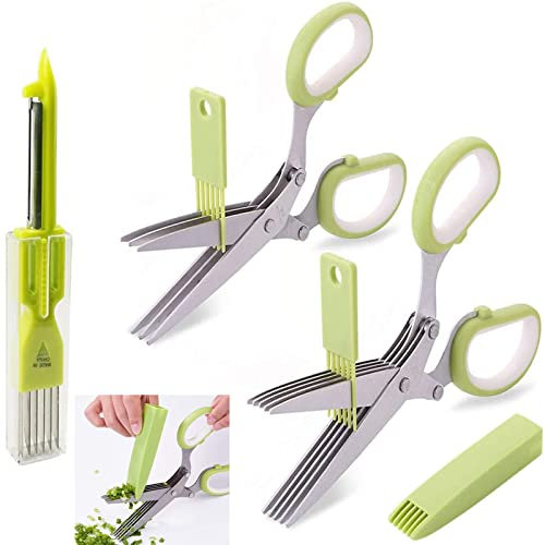 Kräuterscheren Set, inklusive Kräuterschere mit 5 Edelstahlklingen und Abdeckung, Kräuterschere mit 3 Klingen, Shred Silk Messer zum Schneiden von Cilantro Zwiebelsalat, 2 Pack (Schere Edelstahl)