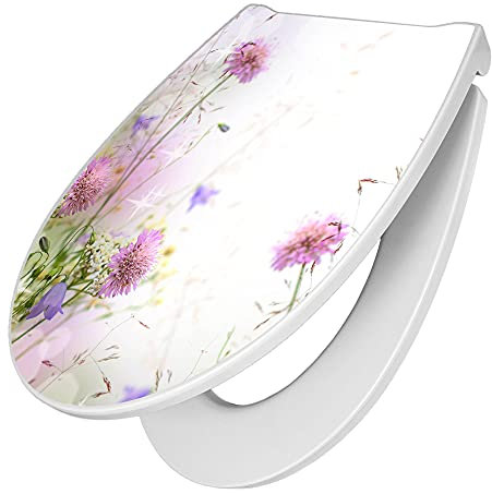 banjado Premium Toilettendeckel mit Absenkautomatik 45x38,4cm / WC Brille Soft Close/hygienischer Toilettendeckel/Klodeckel Duroplast mit Edelstahl Scharnier/Motiv Glitzernde Wiese
