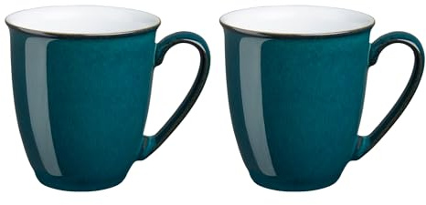 Denby - Greenwich Coffee Breakers Set of 2 - Dishwasher, Oven, Microwave, and Freezer Safe, 330ml (12cm x 10cm x 10cm) Green, White Ceramic Stoneware Tableware - Chip & Crack Resistant