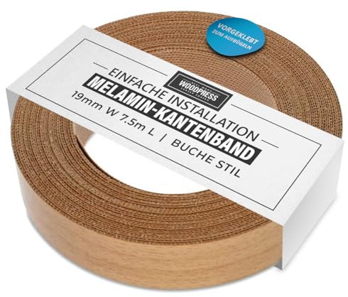 WoodPress® 19 mm Mélamine Stratifié Style Hêtre Bande de Chant en Placage Préencollé – Rouleau de 7,5 m – Application à Repasser facile à faire soi-même, couvre le bord d'un panneau MDF standard