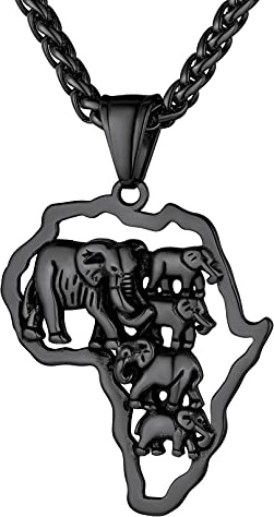 Bandmax Afrika Landkarte + Elefanten Kette Afrika Profil Anhänger mit 55+5cm Weizenkette Schwarz Afrikanischer Modeschmuck Accessoire für Geburtstag