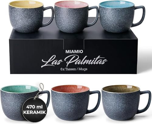 MIAMIO - 6 x 470 ml Coffee Cups/Mug Set/Coffee Cup Large/Modern Stoneware Coffee Mugs - Las Palmitas Collection