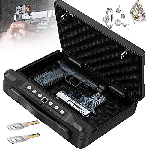 HYQNG Gun Safe Box, Portable Gun Safe with Biometric Fingerprint, Keypad Lock and 2 Keys, Smart Gun Safe for Money/Gun/Pistol/Cash/Jewelry Lock Safe, Use Home, Car and offices