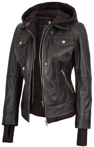 fjackets Giacca in vera pelle da donna, in vera pelle di agnello, con cappuccio rimovibile, Marrone scuro (Rub-off), XXX-Large