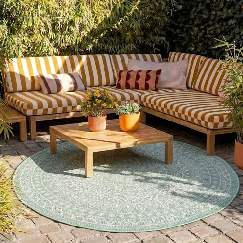 FRAAI | Home & Living In- & Outdoor Teppich Rund - Summer Azteca Grün - Wetterfest - Polypropylen - Ø 160 cm - Balkon, Garten/Terrasse - Terrasse Teppich - Outdoor Rug