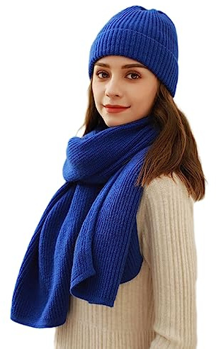 Winmany Damen Winter Mütze Schal Set gestrickt Leopardenmuster warmer Halswärmer Skimütze, blau, One size