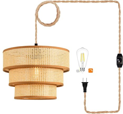 XININSUN Plug in Pendant Light Hanging Lights with15FT Plug in Cord Dimmable Rattan Hanging Lamp Wicker Woven Drum Lampshade,Rustic Boho Plug in Ceiling Light Fixture for Bedroom Living Room-1pack