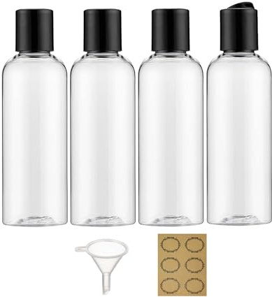 Apstaqeoo Lot de 4 flacons en plastique de 150 ml avec bouchon à disque à rabat - Flacons vides rechargeables - Avec entonnoir et étiquette pour liquides, lotions, shampooings, articles de toilette et