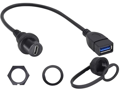 zdyCGTime USB C 3.0 Waterproof Panel Flush Cable Waterproof Type C Female Back Mount Receptacle to USB 3.0 Female Extension Flush Panel Mount Cable for Car Boat Motorcycle(30CM/1Ft)