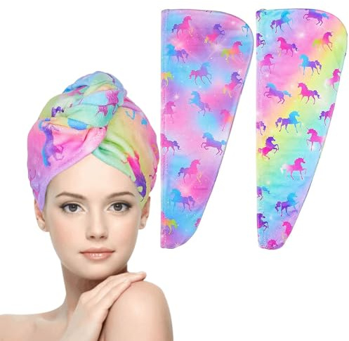 WUBAYI 2Stück Haarturban, Mikrofaser-Haarturban zum schnellen Trocknen, super saugfähige Kopfhandtuch mit Schnalle. Entworfen für nasse Haarhandtüch, Damen und Mädchen Haartüch (Einhorn)