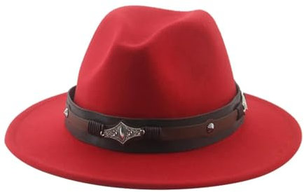 SOYNIA Fedora Trilby Filzhut Hut Fedora-Hut Für Damen Und Herren Cowboy-Hut Große Größe Western-Cowboy-Gürtelbänder Fedoras 60–62 cm (XL) Rot