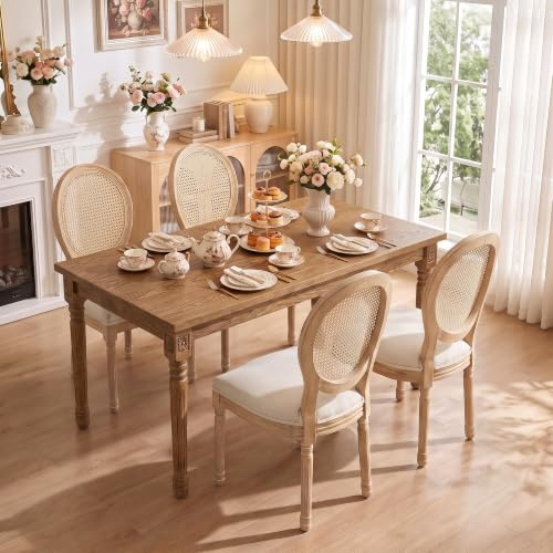 SoarTalent 4er Set Esszimmerstühle Rattan Ovalrücken, Beige | Im französischen Landhausstil gefertigt, mit geschwungener ovaler Rückenlehne aus Rattan. Die gepolsterte Sitzfläche